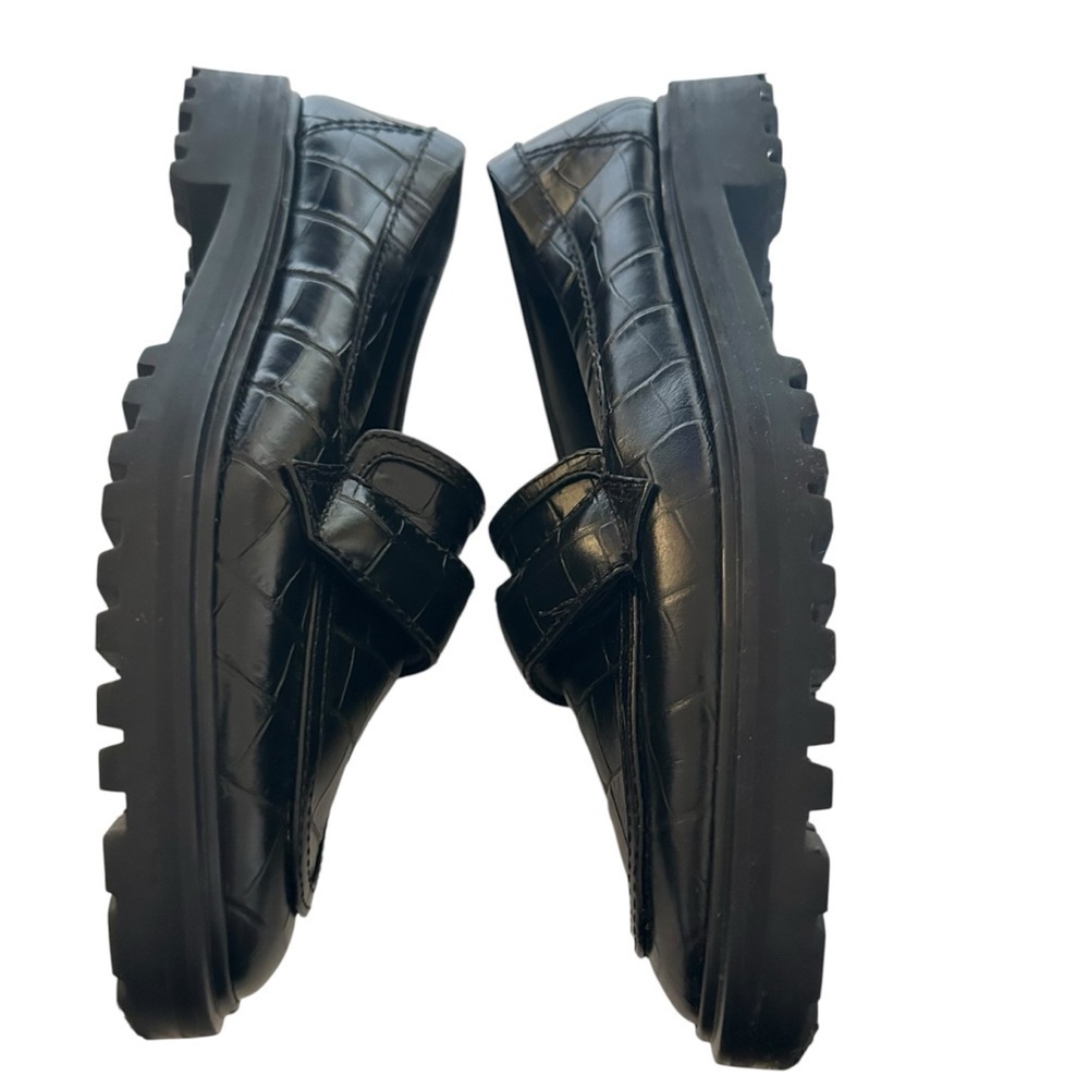 SCHUTZ Black Croc-Embossed Leather Penny Loafers - Picture 6 of 11